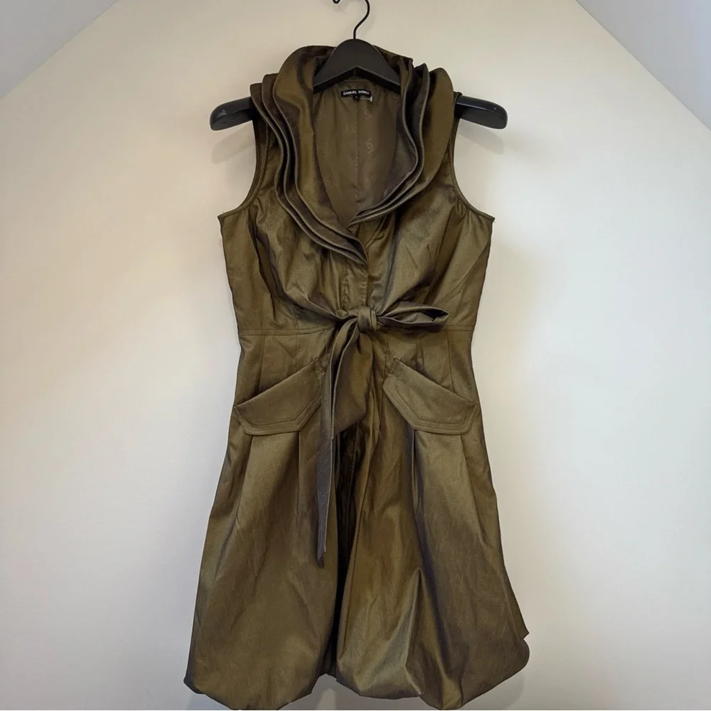 Samuel Dong Gold Triple Collar Sleeveless Bubble Dress Small Metallic Olive - Picture 2 of 12